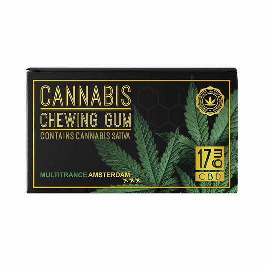 Boîte de 24 chewing-gum CBD au cannabis MULTITRANCE, étiquette verte et logo.