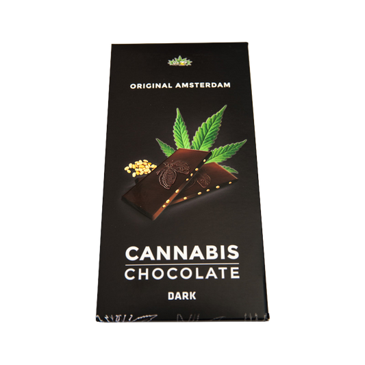 Barre de chocolat HAZE au cannabis, chocolat noir, emballage noir avec feuilles de chanvre