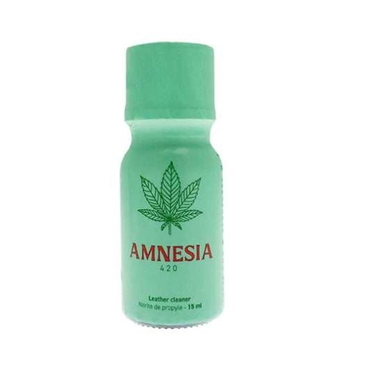 Bouteille de poppers Amnesia 15 ml, flacon vert clair, bouchon vert, étiquette feuille.
