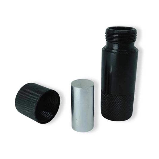 Presse à pollen en aluminium noir, cylindre fileté et pièce métallique argentée.