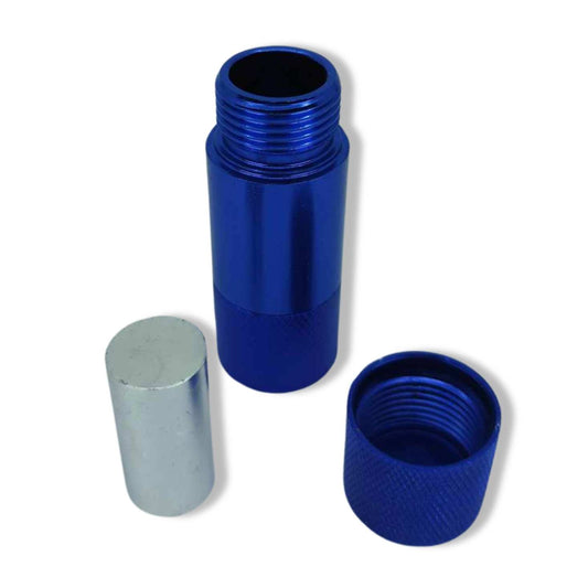 Tube en aluminium bleu à filetage pour presse à pollen, avec cylindre argenté.