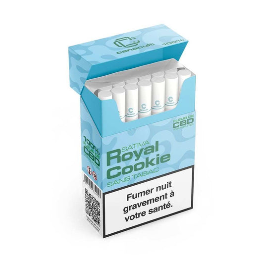 Boîte de produits CBD Royal Cookie, emballage bleu clair, aperçu des sticks