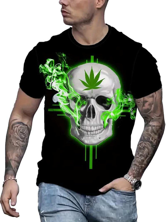 T-shirt noir porté, imprimé crâne et feuille verte entourés de fumée verte