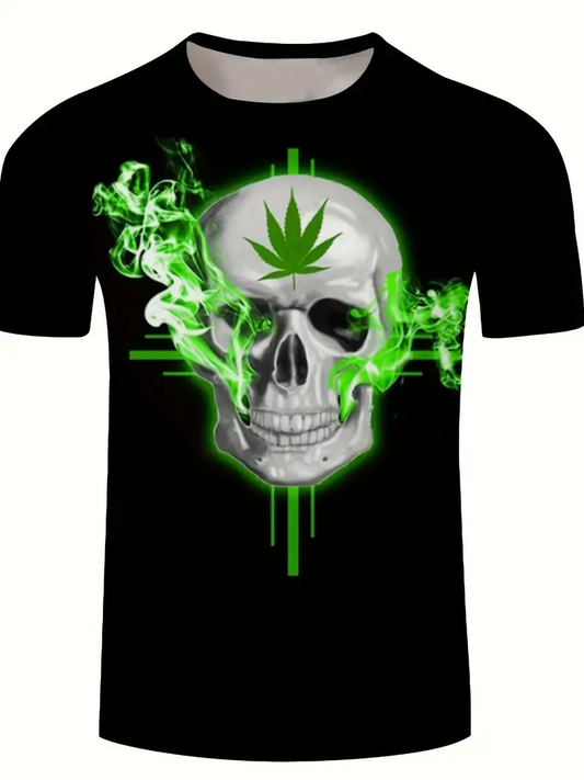T-shirt noir manches courtes, crâne avec feuille verte et fumée verte à l’avant