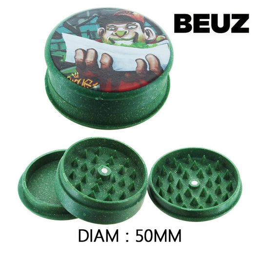 Grinder vert en chanvre biodégradable avec dents, motif BEUZ, diamètre 50 mm