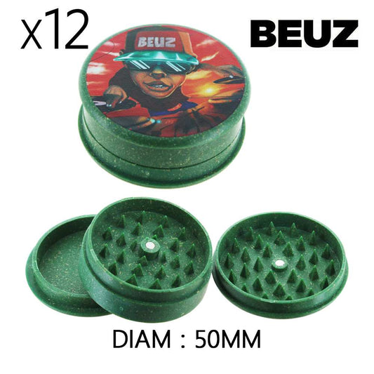 Boîte de 12 grinders en chanvre BEUZ, capuchon vert avec motifs, diamètre 50 mm