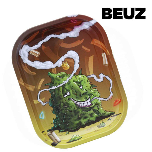 Plateau de roulage Beuz Buds en rectangle arrondi, monstre vert illustré et logo BEUZ.