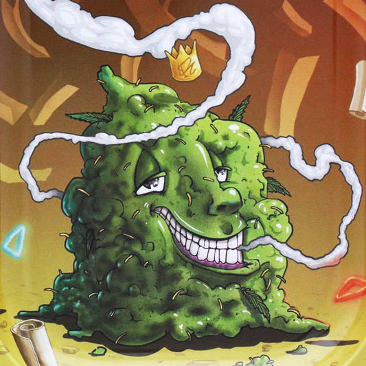 Plateau de roulage Beuz Buds avec illustration d’un monstre vert grimaçant.