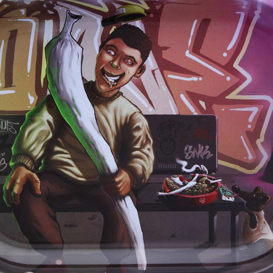 Plateau de skateboard Beuz Highman au design graffiti coloré, vue inclinée.