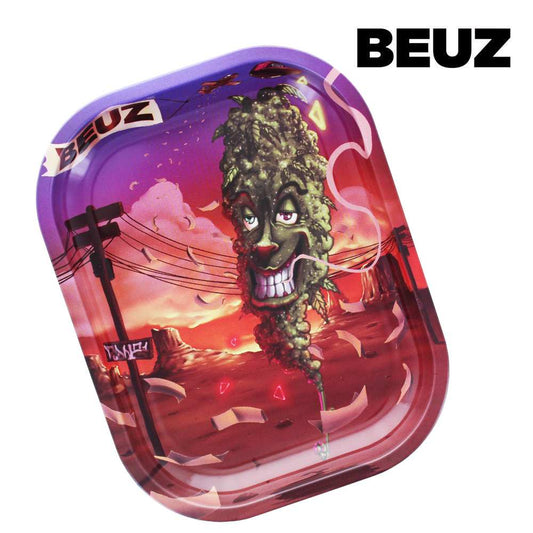 Plateau de roulage arrondi, visuel monstre vert, marquage BEUZ sur le bord, couleurs violet et rouge.
