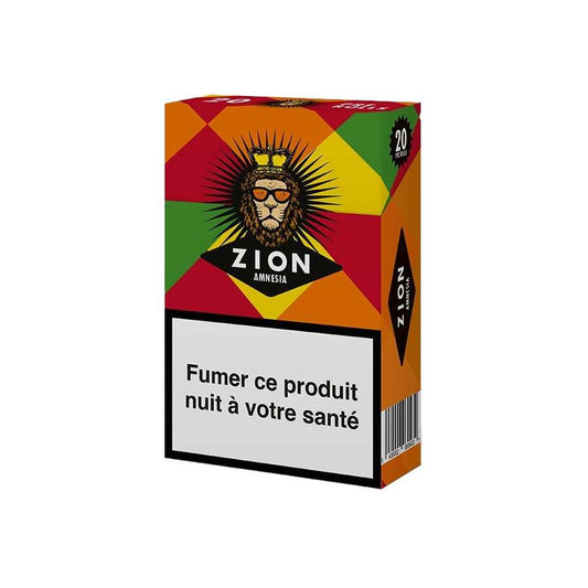 Boîte de cigarettes CBD ZION Amnesia, motif lion multicolore et message sanitaire.