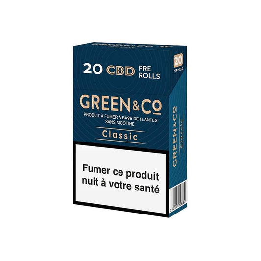 Boîte de 20 pré-rouleaux CBD GREEN&Co Classic, sans nicotine.
