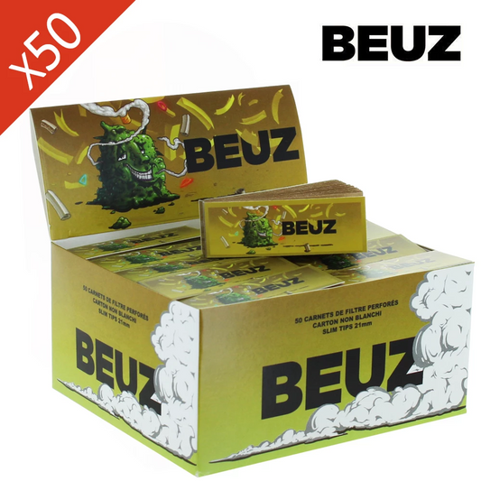Boîte de 50 carnets de filtres perforés BEUZ Brown Buds, boîte jaune illustrée.