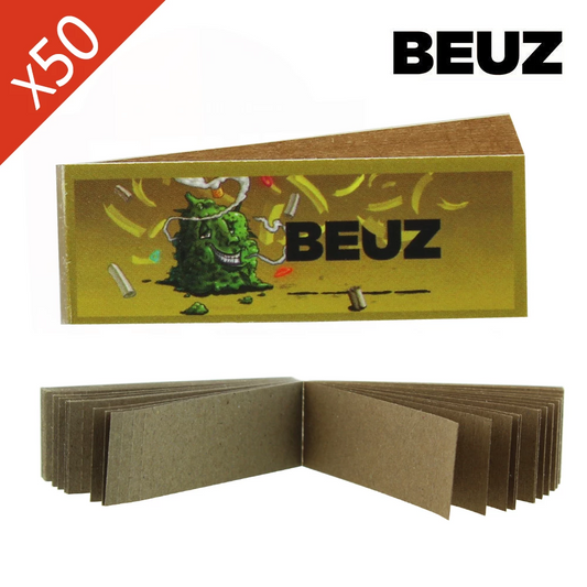 Boîte de 50 carnets de filtres perforés BEUZ, vue ouverte de feuillets bruns.