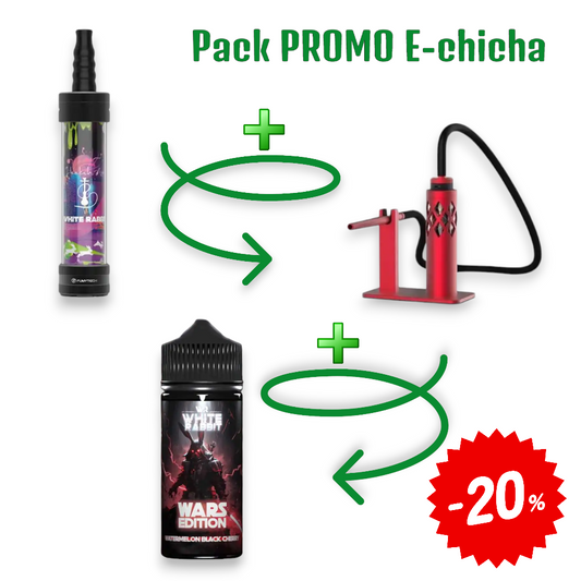Pack e-chicha White Rabbit Air Rouge : dispositif rouge et flacons de liquide.