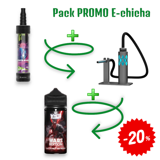Pack e‑chicha avec pistolet à air métal gris et deux flacons e‑liquide noirs.