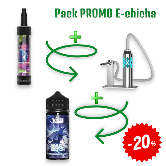 Pack E-chicha avec deux flacons de liquide et socle métallique, tuyau gris