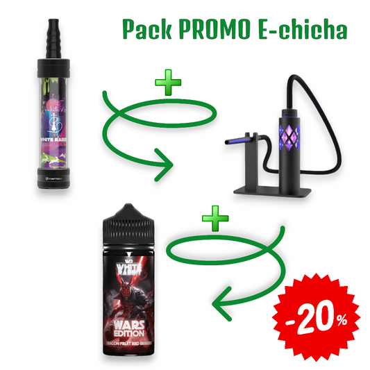 Pack e-chicha avec support noir et deux flacons d’e-liquide, couleurs foncées