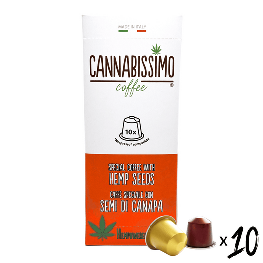Boîte de café Cannabissimo aux graines de chanvre, 10 capsules, avec capsules dorées.