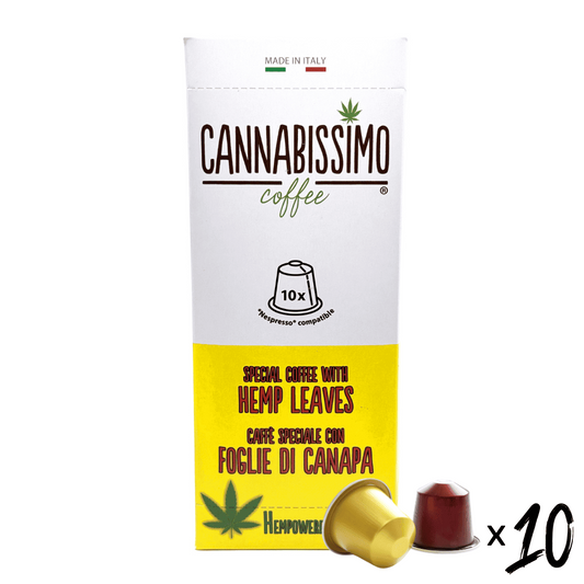 Café en capsules Cannabissimo 10, feuilles de chanvre, dosettes en aluminium.