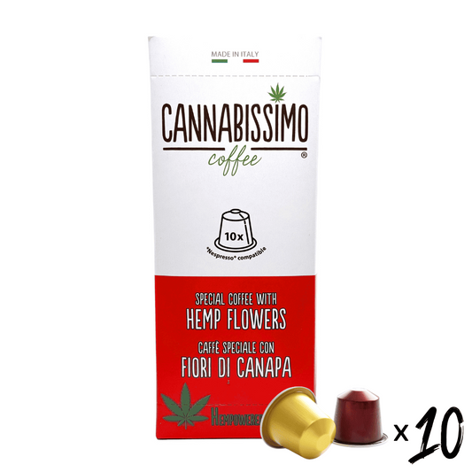 Café en capsules Cannabissimo, 10 : sachet blanc/rouge et capsules dorées.