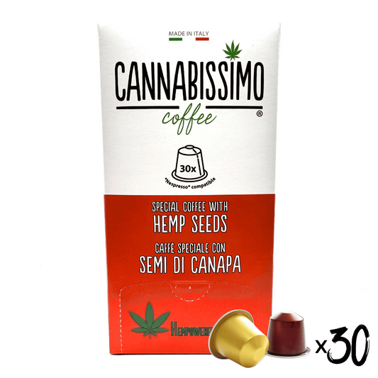 Café en capsules Cannabissimo, sachet blanc et capsules dorées, 30 portions.