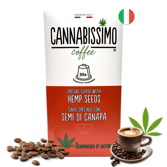 Café en capsules Cannabissimo, sachet blanc, tasse, grains de café et graines de chanvre.