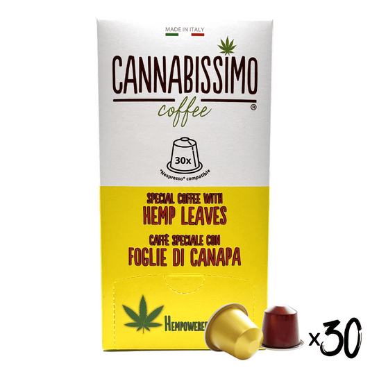 Boîte de café Cannabissimo chanvre, 30 capsules, avec dosettes