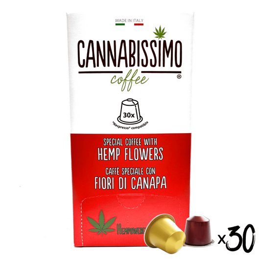 Boîte de capsules de café Cannabissimo aux fleurs de chanvre, 30, avec capsule
