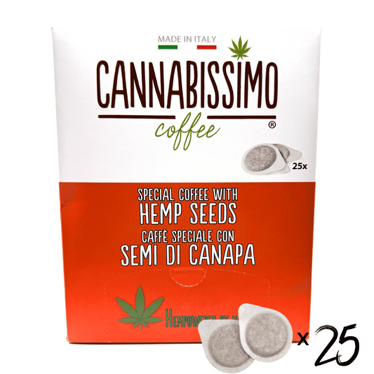 Boîte de 25 dosettes de café Cannabissimo au chanvre, dosettes grises