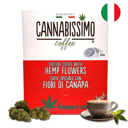 Pack de dosettes de café Cannabissimo chanvre, 25 unités, tasse et fleurs visibles