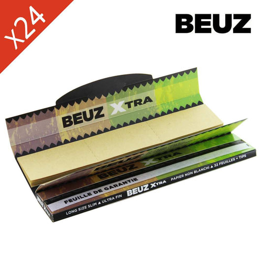 Boîte de feuilles Slim Long BEUZ XTRA 125 mm, étui ouvert avec piles de papier