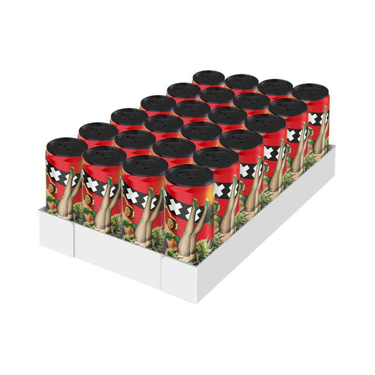 Pack de canettes rouges Crazy Amsterdam Energy CBD sur présentoir blanc