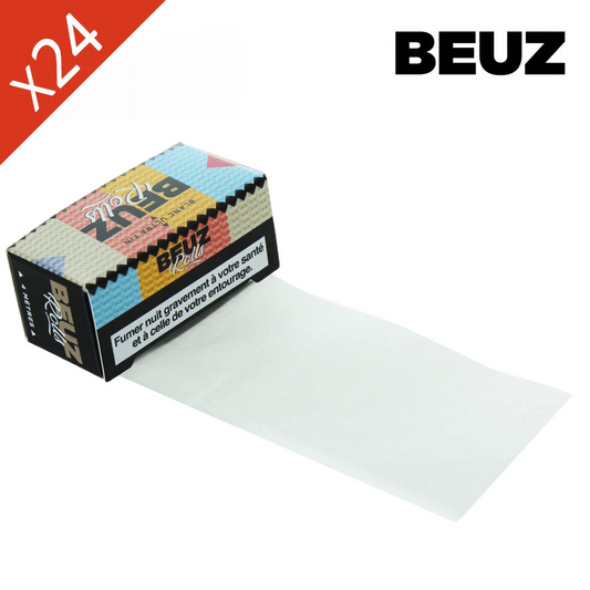 Boîte de rouleaux de feuilles gommées BEUZ Ultra Fin blanc, bande déployée.