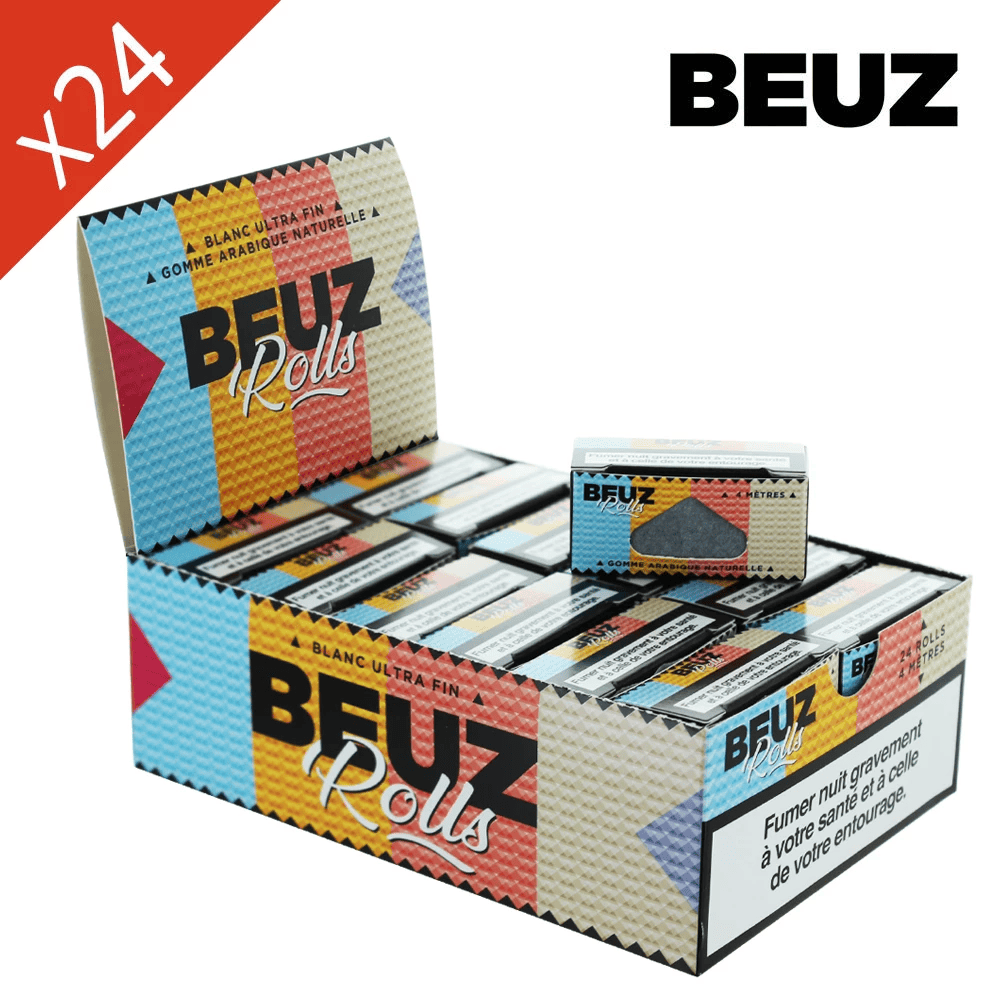 Boîte de rouleaux de feuilles gommées BEUZ Ultra Fin blanc, présentation en lots.