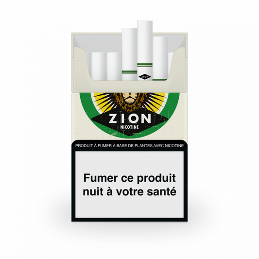 Boîte nicotine ZION avec lion, logo vert, texte « Fumer nuit à votre santé »