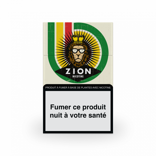 Boîte nicotine ZION, face avant avec lion et anneau graphique, « Fumer ce produit… »