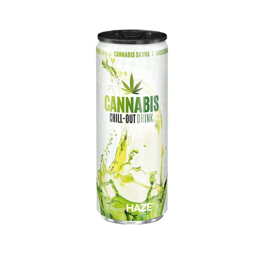 Boisson CBD en canette HAZE, étiquette Cannabis Chill-Out Drink
