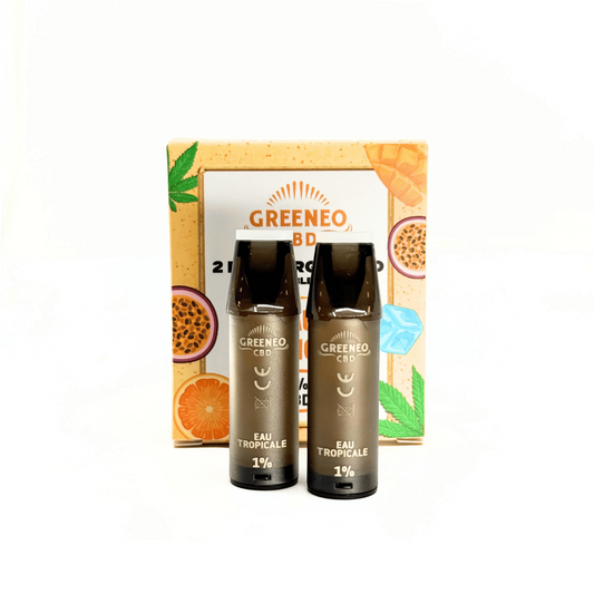 Coffret de 2 cartouches CBD GREENEO, eau tropicale 1%, avec 2 flacons noirs.
