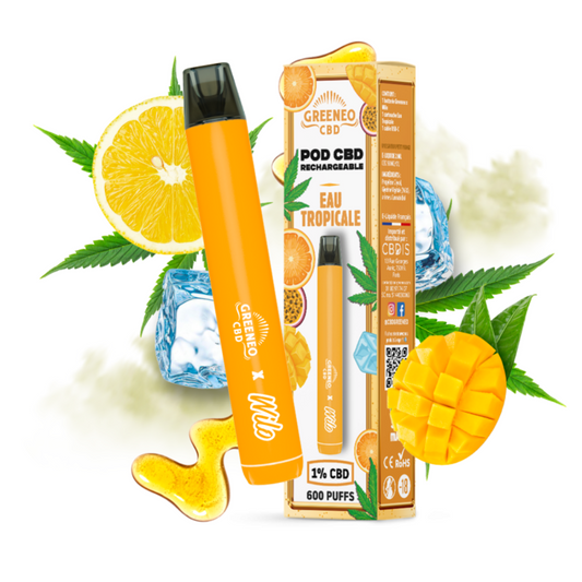 Pod CBD rechargeable à l’eau tropicale GREENEO, capsule orange et embout noir