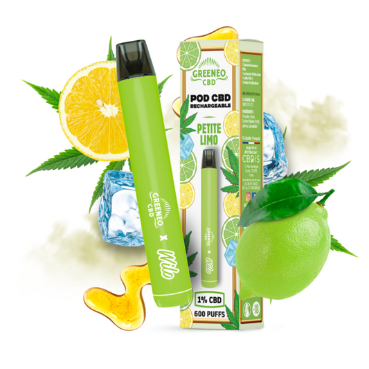 Pod CBD rechargeable petite taille GREENEO vert, avec dispositif et boîte