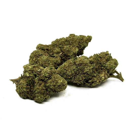 Fleurs de CBD vert foncé, deux bourgeons denses avec petits morceaux