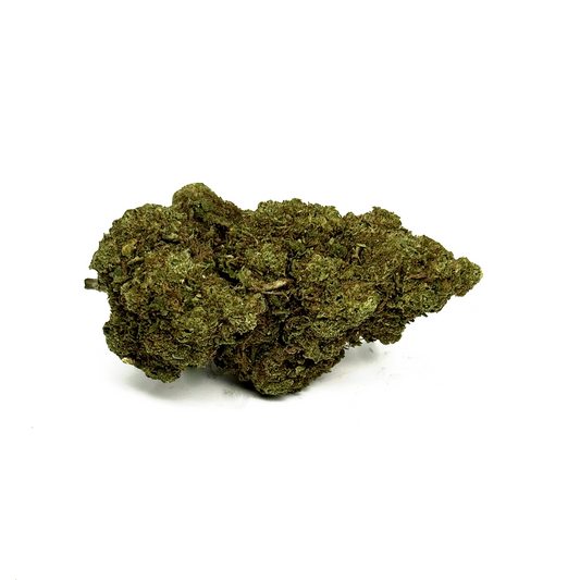 Fleurs de CBD vert foncé, bourgeon dense et émietté, vue de côté