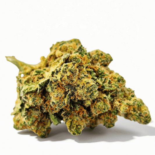 Fleur CBD entière, têtes denses vertes et orange, brins visibles.