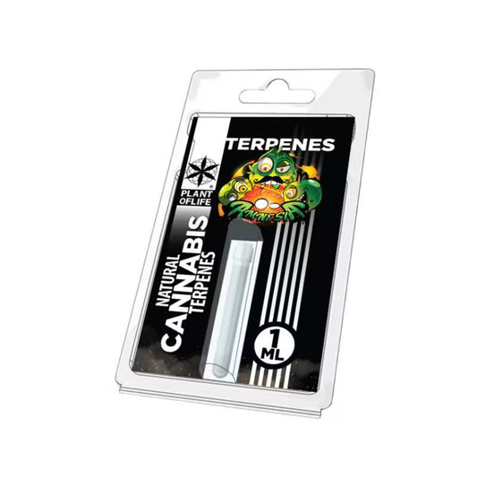 Flacon de terpènes 1 ml en blister transparent, étiquette noir et verte