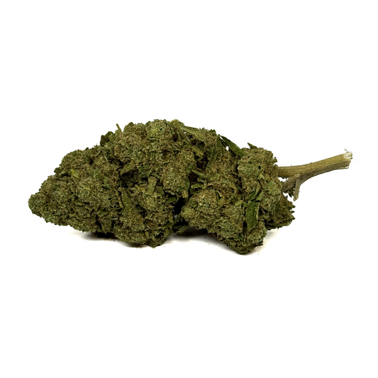 Fleur de CBD vert foncé, têtes compactes avec petits brins de tige