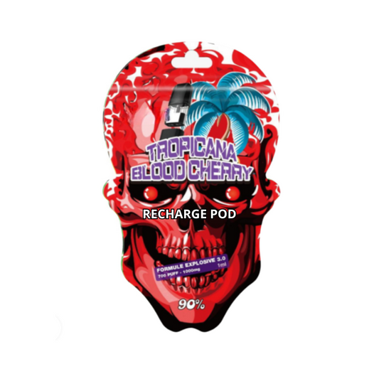 Recharge pod Tropicana Blood Cherry, étui rouge 90% avec visuel tête de mort