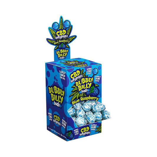 Boîte de 100 sucettes CBD framboise bleue BUBBLY BILLY