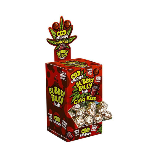 Boîte de sucettes CBD Cola Kiss BUBBLY BILLY, emballage à motifs et logos