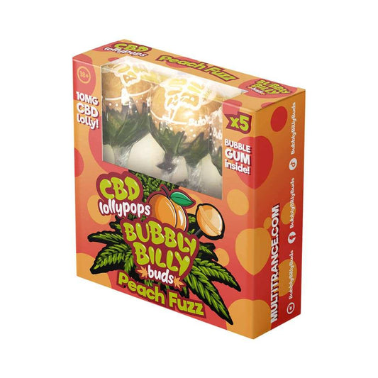 Boîte 5 sucettes CBD BUBBLY BILLY Peach Fuzz, arôme pêche bubble gum